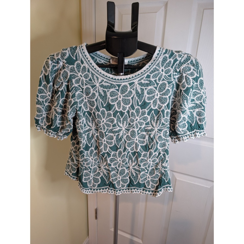 Solitaire‎ Blouse Womens Small Green White Floral Embroidered Puff Sleeve Top